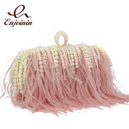 Ostrich Feather & Pearl Ring Clutch