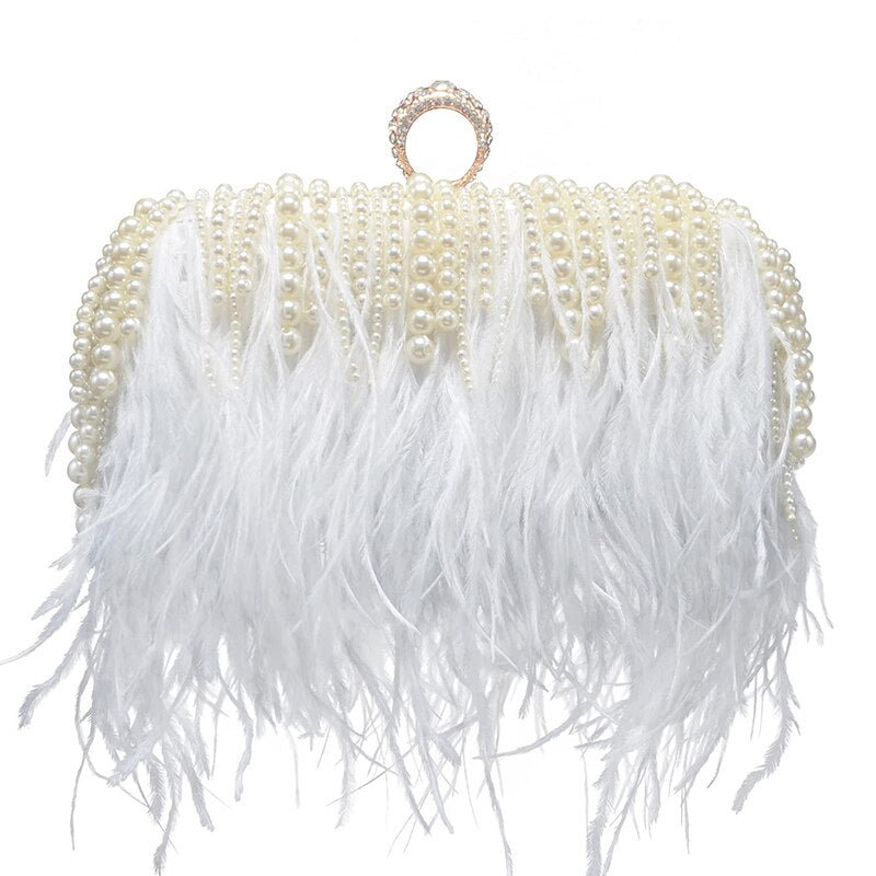 Ostrich Feather & Pearl Ring Clutch
